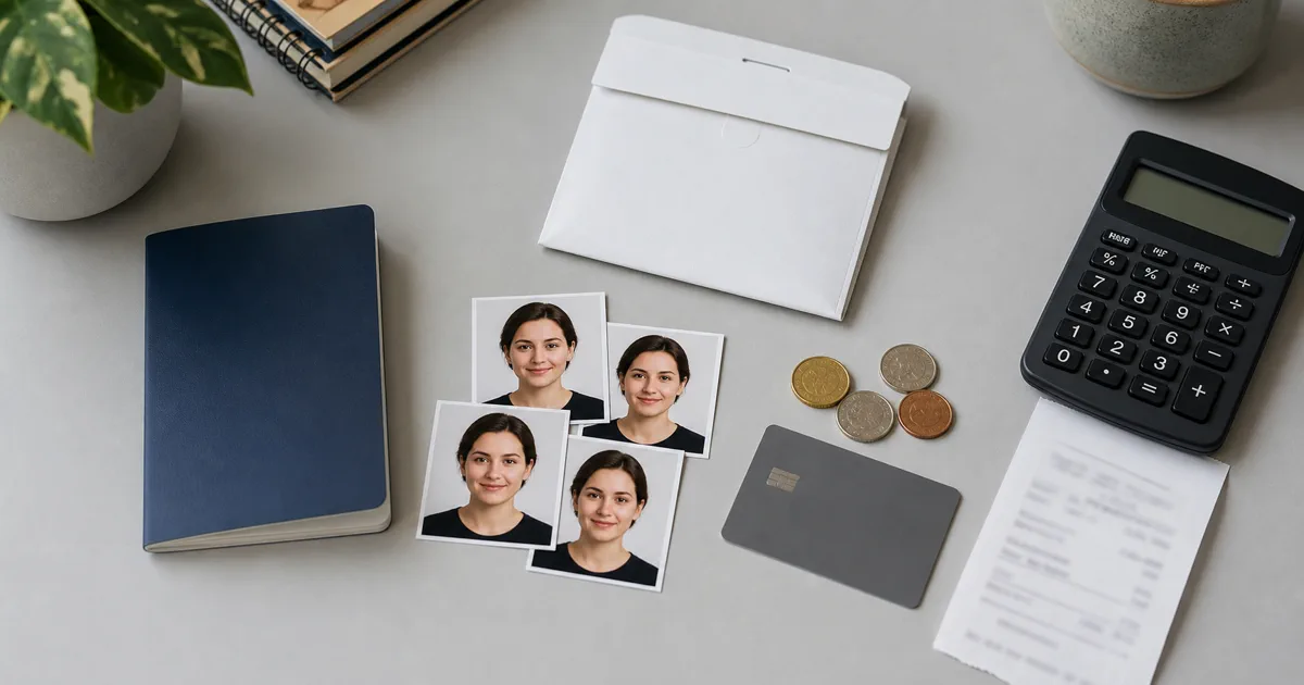 Passport photo prints beside a calculator, coins and an unbranded payment card for cost comparison