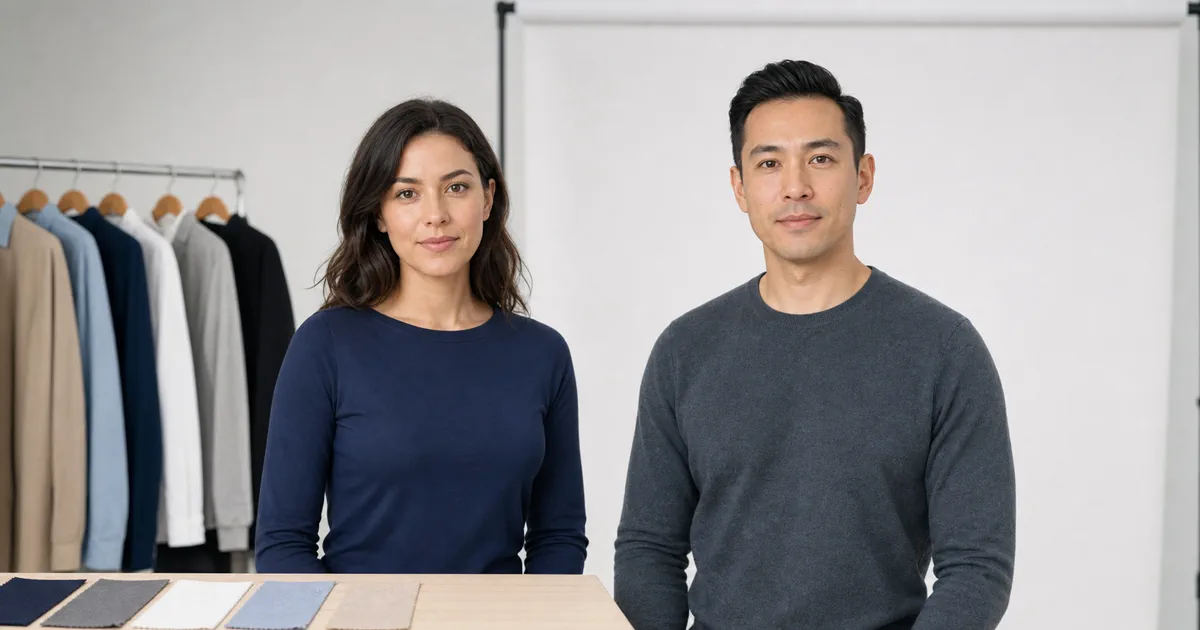 Two adults in simple solid-color clothing preparing for a passport photo