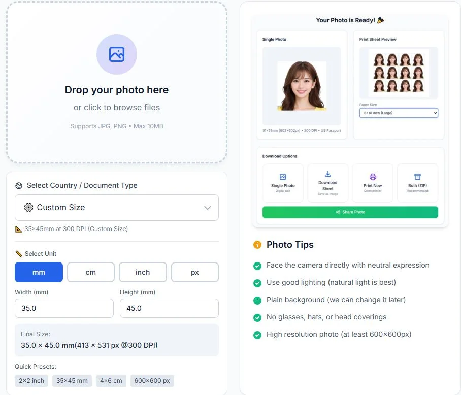 VisaPicPro passport photo maker interface showing country selection and photo upload area