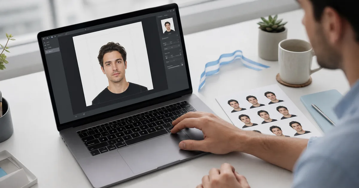 Argentina passport photo preparation workspace with editor preview and print sheet