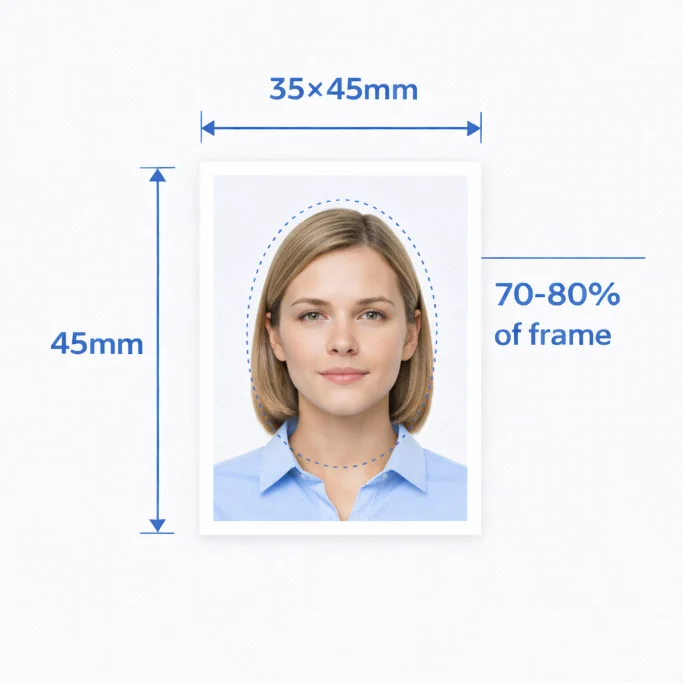 Australia passport photo size diagram - 35x45mm dimensions with face position and margin measurements
