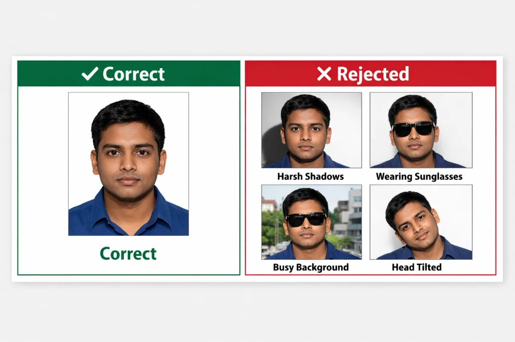 Bangladeshi passport photo do's and don'ts - correct vs rejected photo examples