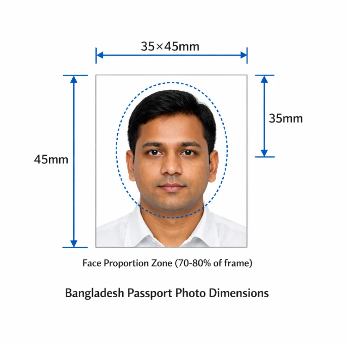 Bangladesh passport photo size diagram - 35x45mm dimensions with face position and margin measurements