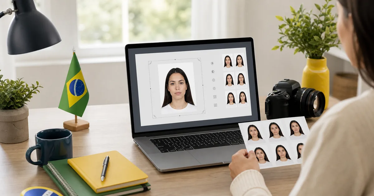 Brazil passport and visa photo preparation workspace with editor preview and print sheet