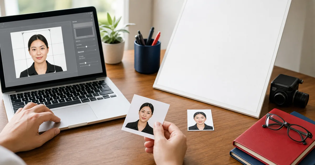 Cambodia passport photo preparation workspace with white background and printed ID photos