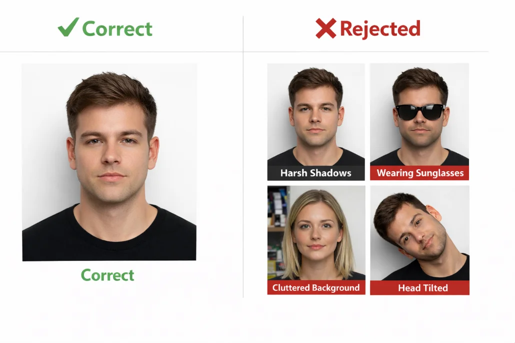 Canadian passport photo do's and don'ts - correct vs rejected photo examples
