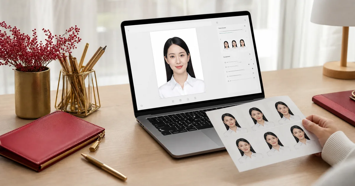 China passport and visa photo preparation workspace with editor preview and print sheet