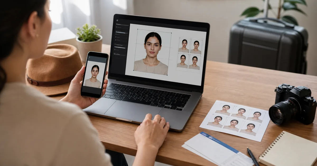 Digital nomad visa photo preparation workspace with editor preview and travel desk