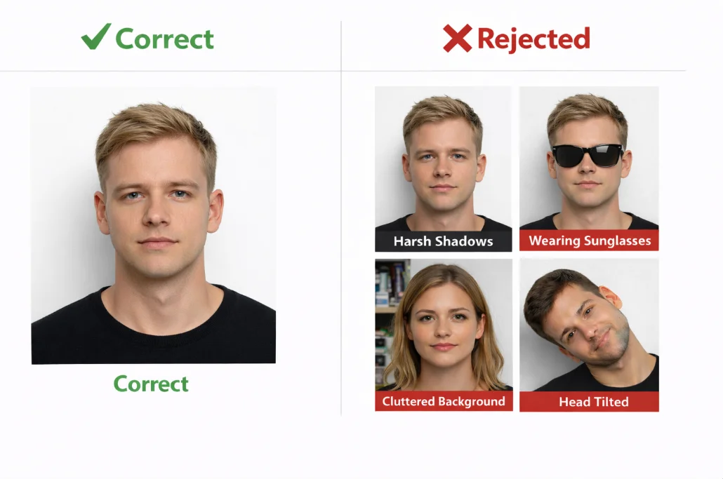 German passport photo do's and don'ts - correct vs rejected biometric photo examples
