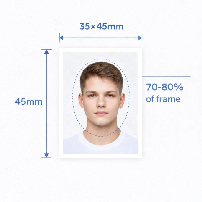Germany passport photo size diagram - 35x45mm biometric dimensions with face position and margin measurements