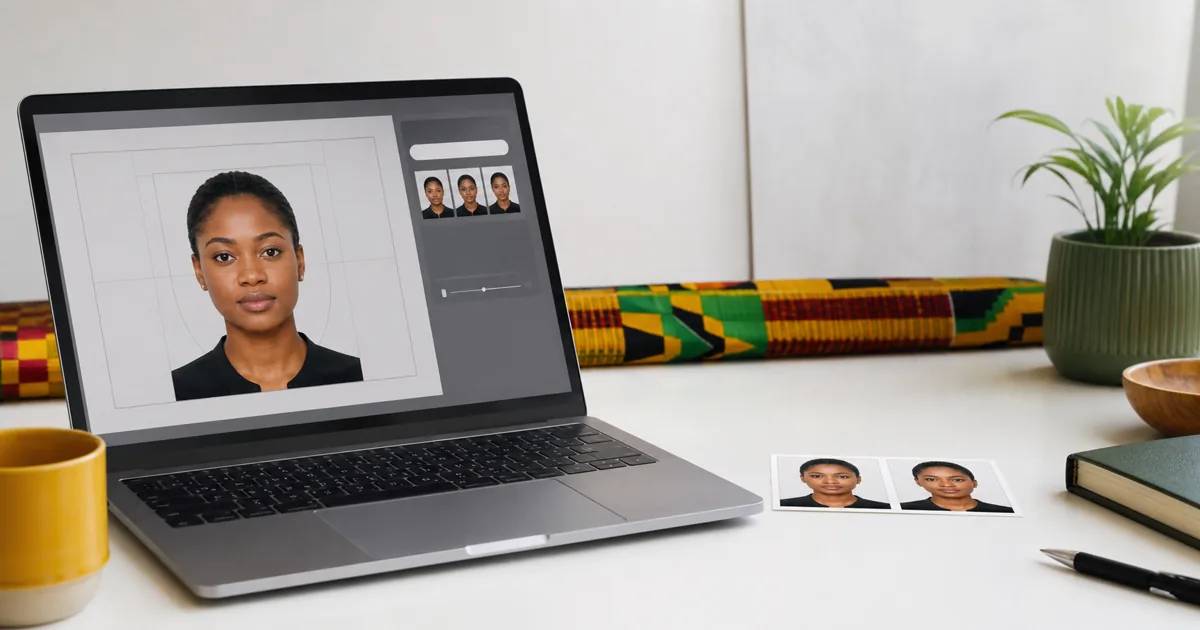 Ghana passport photo preparation workspace with white background and printed ID photos