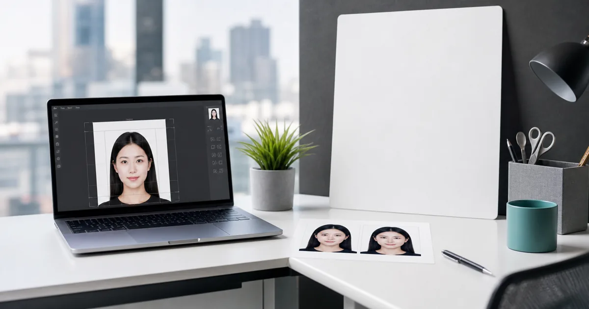 Hong Kong passport photo preparation workspace with white background and printed ID photos