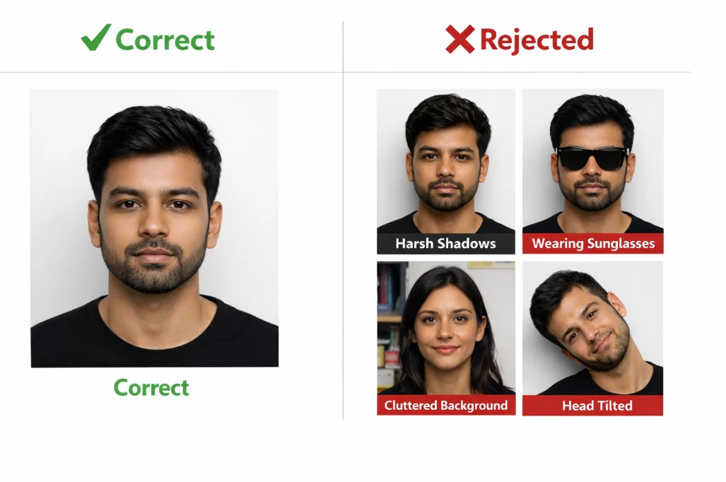 Indian passport photo do's and don'ts - correct vs rejected photo examples