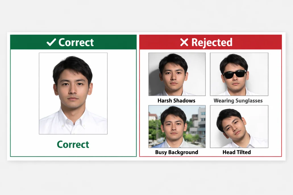Japanese passport photo do's and don'ts - correct vs rejected photo examples