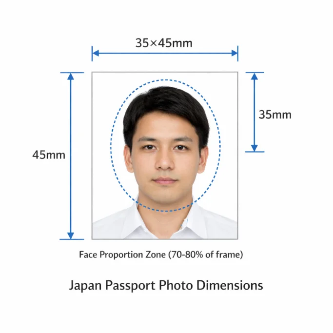 Japan passport photo size diagram - 35x45mm dimensions with face position and margin measurements