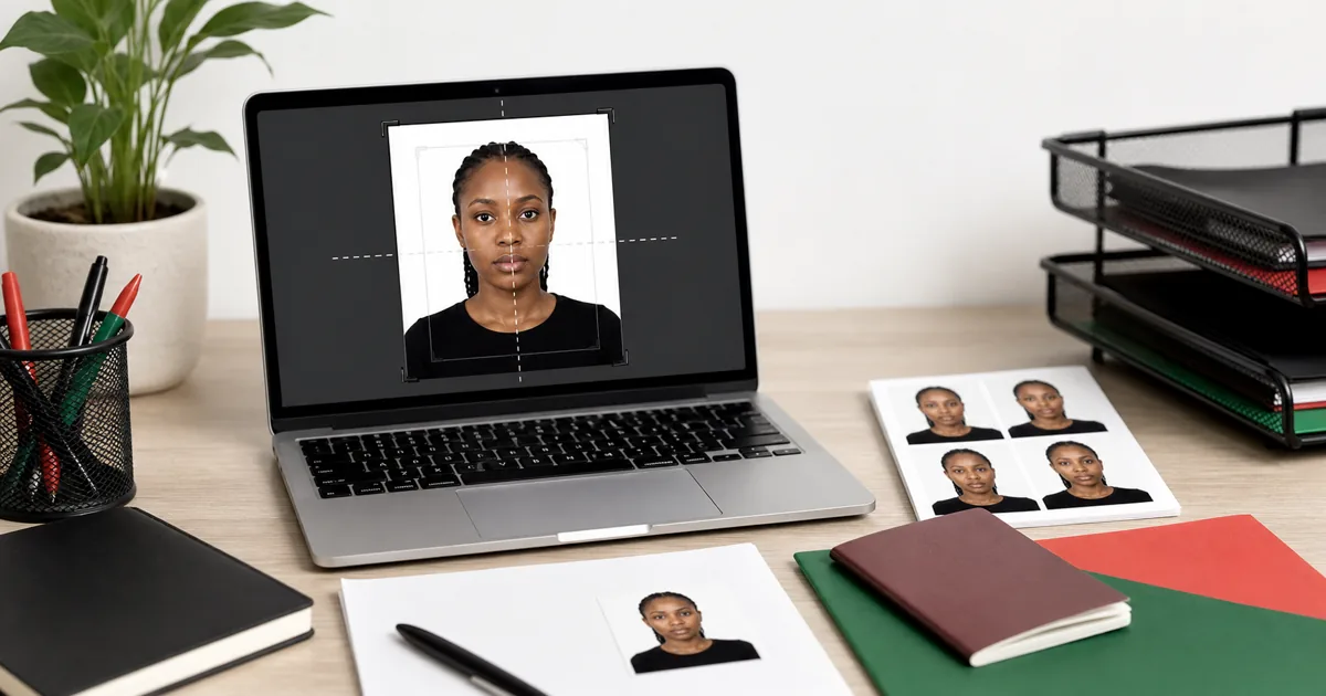 Kenya passport photo preparation workspace with white background and printed ID photos