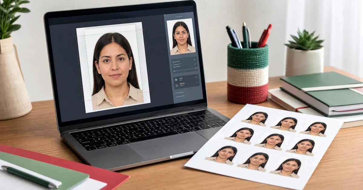 Mexico passport photo preparation workspace with editor preview and print sheet
