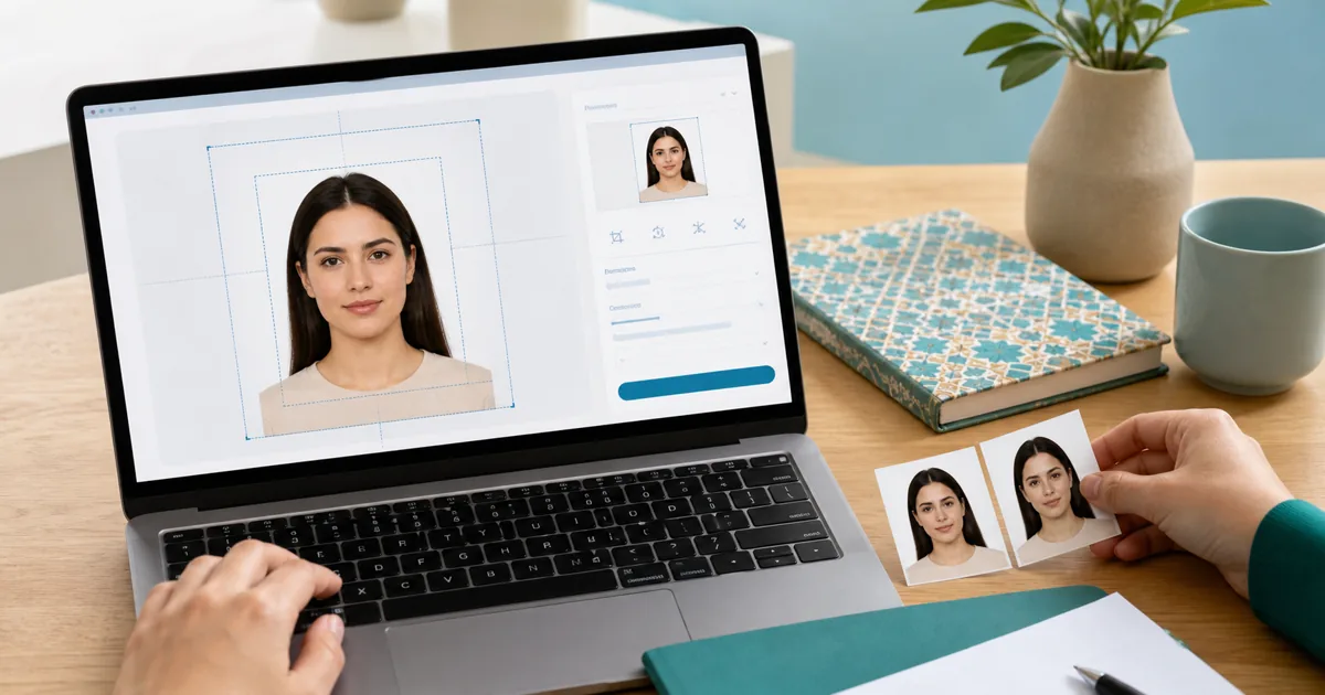 Morocco passport photo preparation workspace with white background and printed ID photos