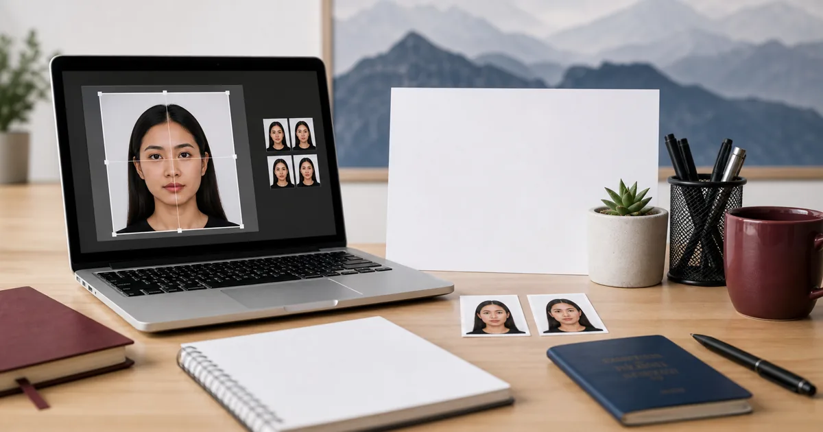 Nepal passport photo preparation workspace with white background and printed ID photos