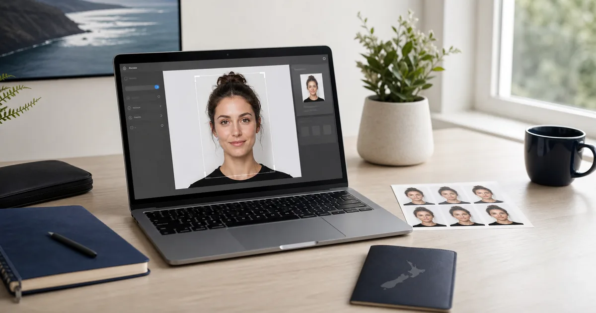New Zealand passport photo preparation workspace with editor preview and print sheet