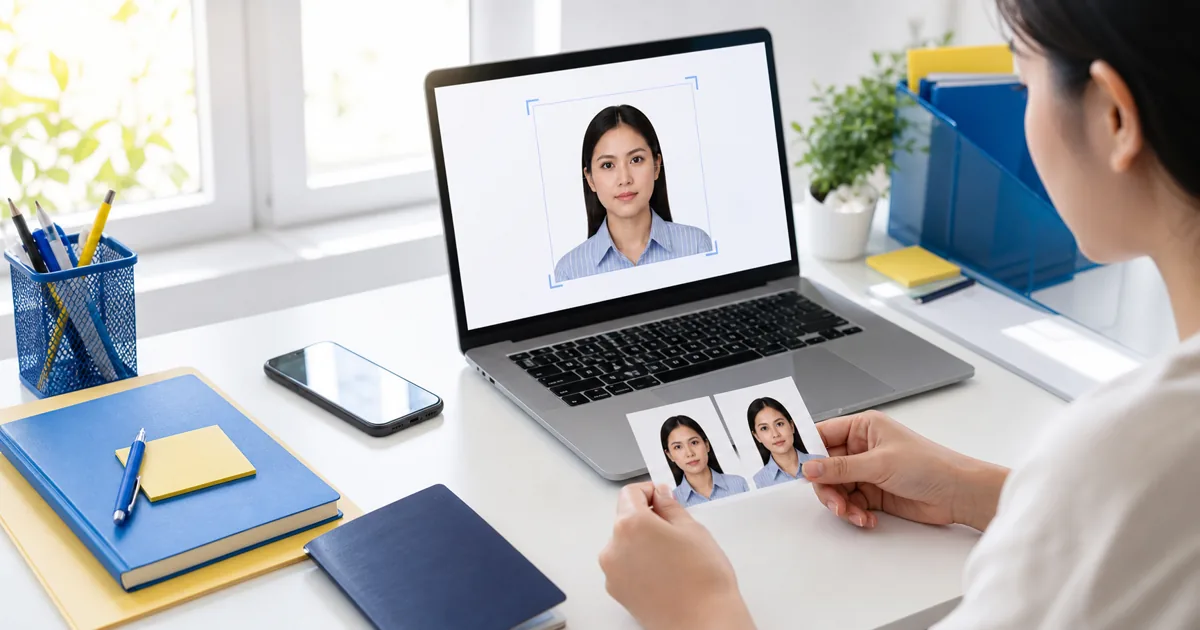 Philippines passport photo preparation workspace with white background and printed ID photos