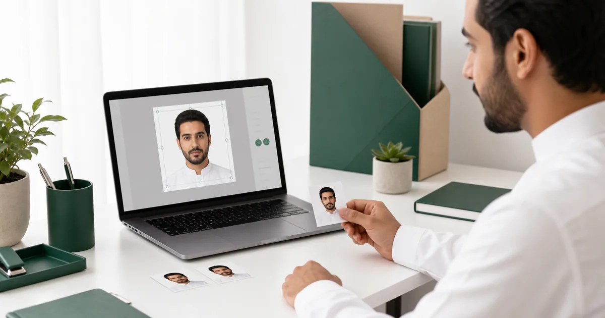 Saudi Arabia passport photo preparation workspace with white background and printed ID photos
