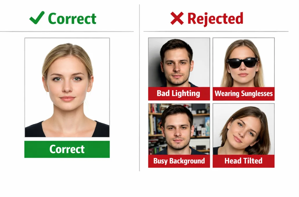Schengen visa photo do's and don'ts - correct vs rejected photo examples for EU visa