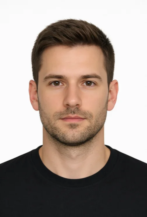 Sample compliant Schengen visa photo - correct format with white background and 35x45mm dimensions