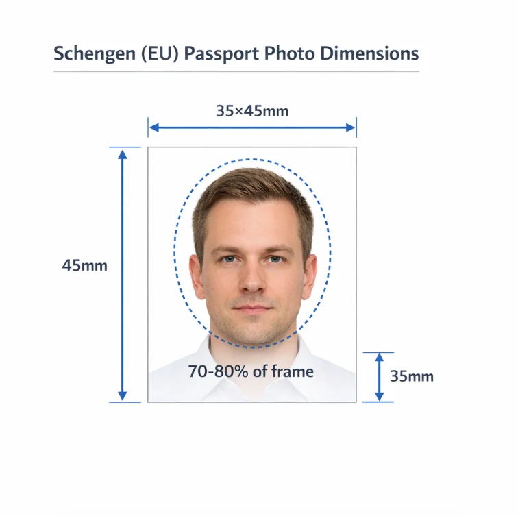 Schengen visa photo size diagram - 35x45mm dimensions with face position and margin measurements