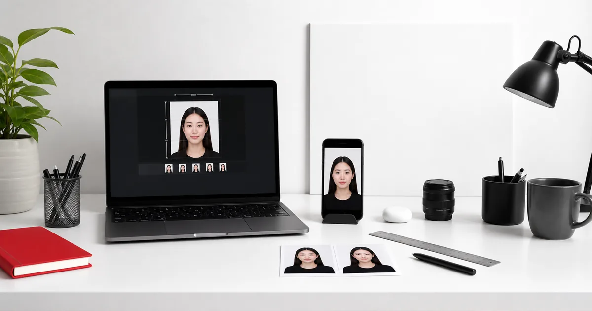Singapore passport photo preparation workspace with white background and printed ID photos