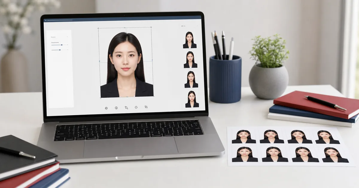 South Korea passport and visa photo preparation workspace with editor preview and print sheet