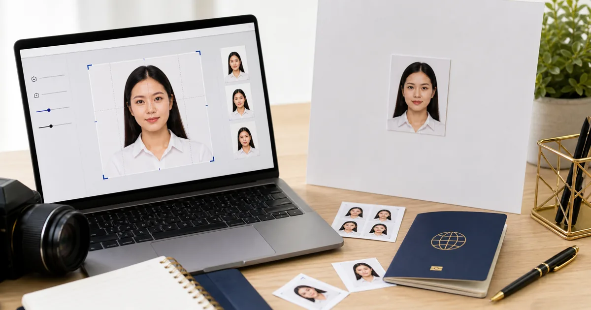 Thailand passport photo preparation workspace with white background and printed ID photos