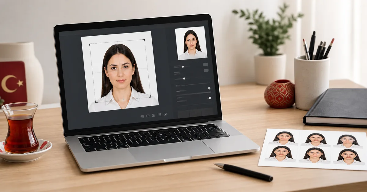 Turkey passport and visa photo preparation workspace with editor preview and print sheet
