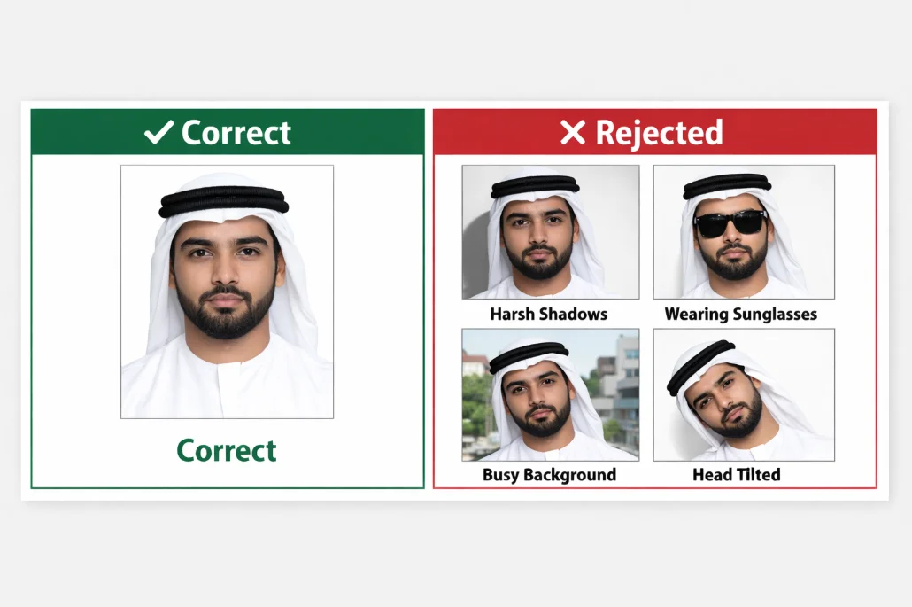 UAE passport photo do's and don'ts - correct vs rejected photo examples