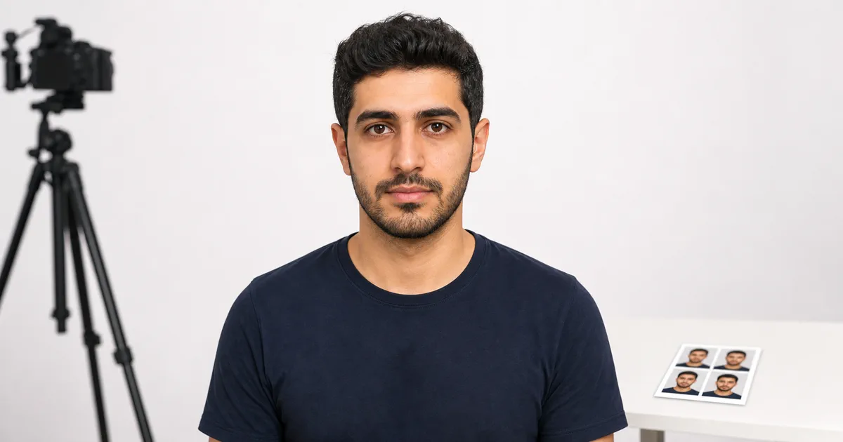 UAE passport photo preparation with a centered applicant, neutral expression and white background