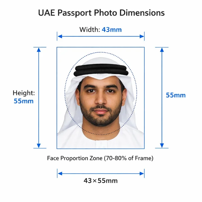 UAE passport photo size diagram - 43x55mm dimensions with face position and margin measurements
