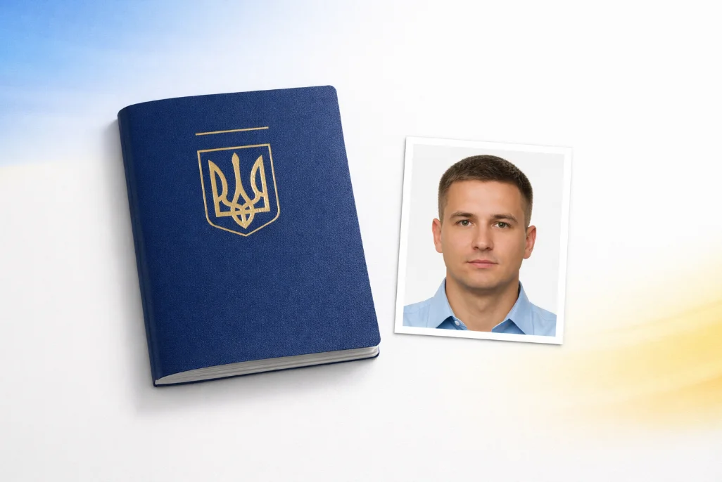 Ukraine passport photo size preview on a browser editor