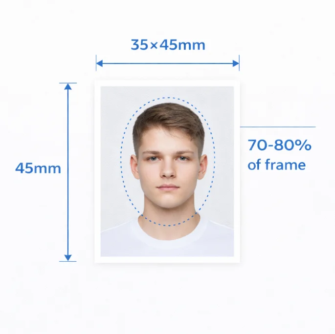 UK passport photo size diagram - 35x45mm dimensions with face position and margin measurements