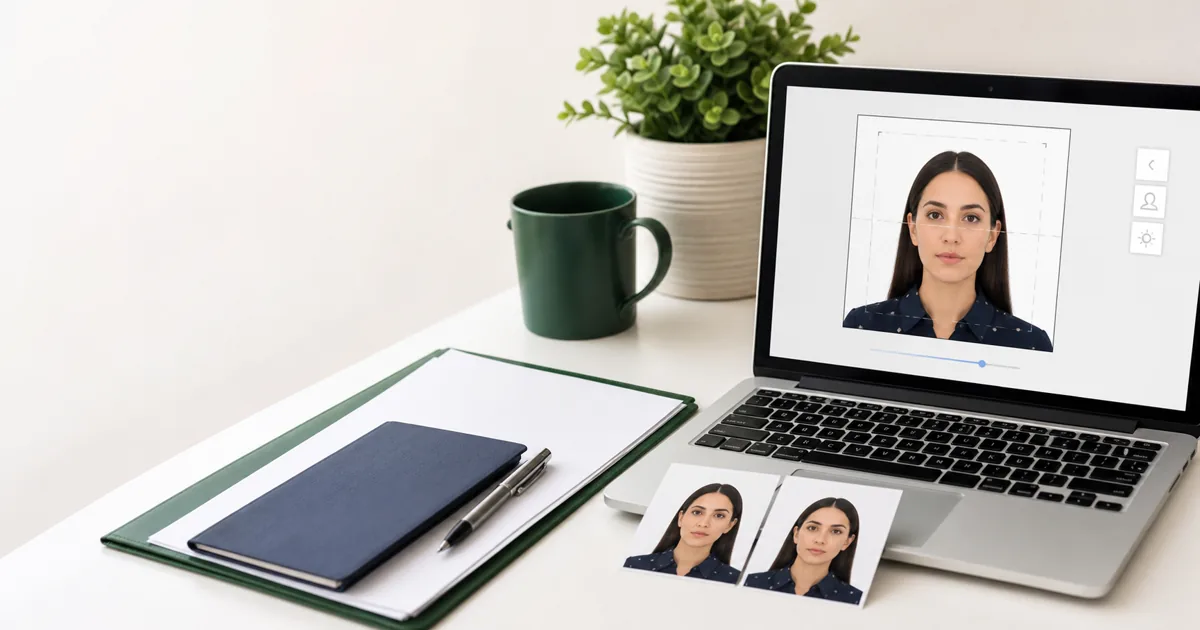 Green Card passport-style photo preparation workspace with two printed photos
