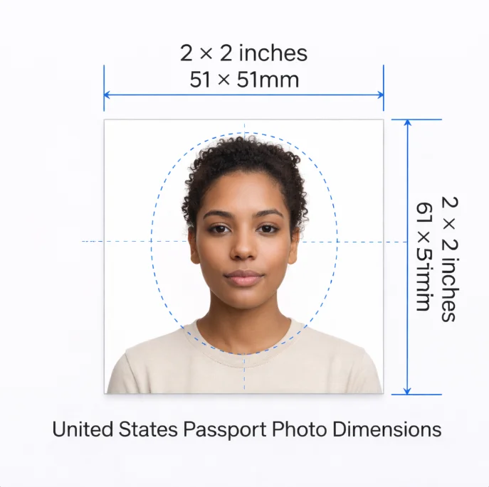 US passport photo size diagram - 2x2 inch dimensions with head position and margin measurements
