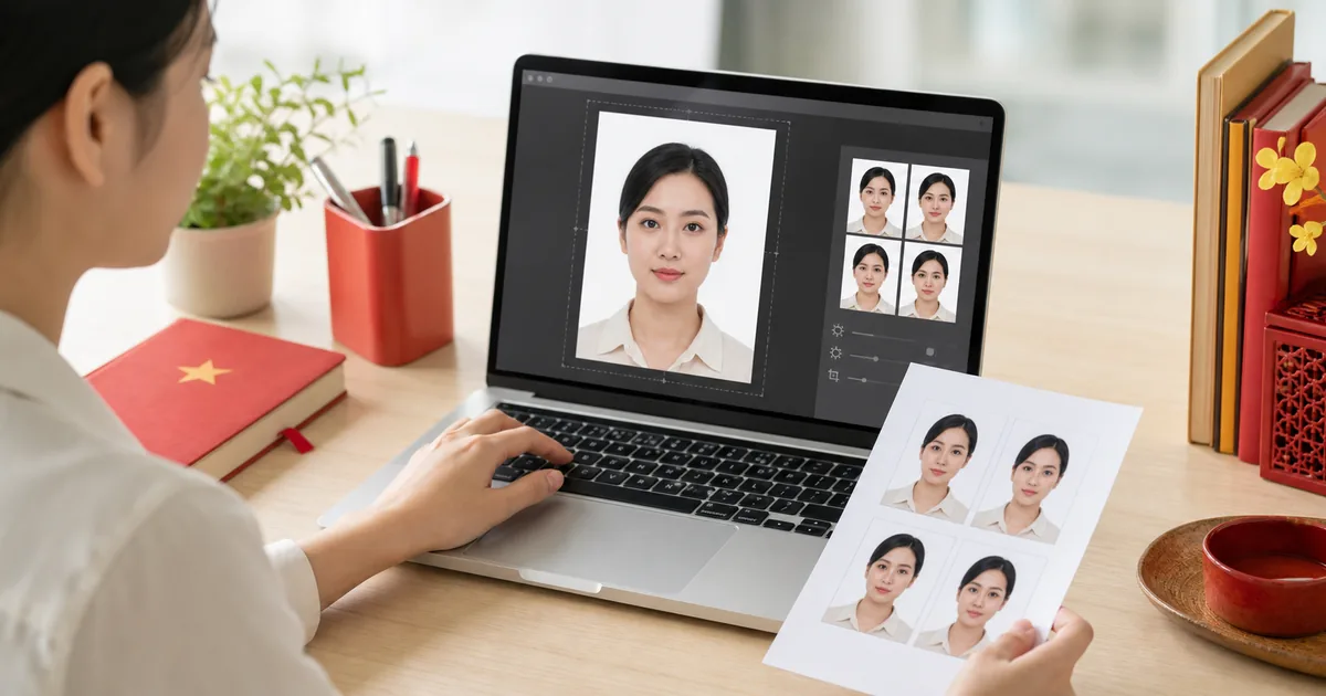 Vietnam passport and visa photo preparation workspace with editor preview and print sheet