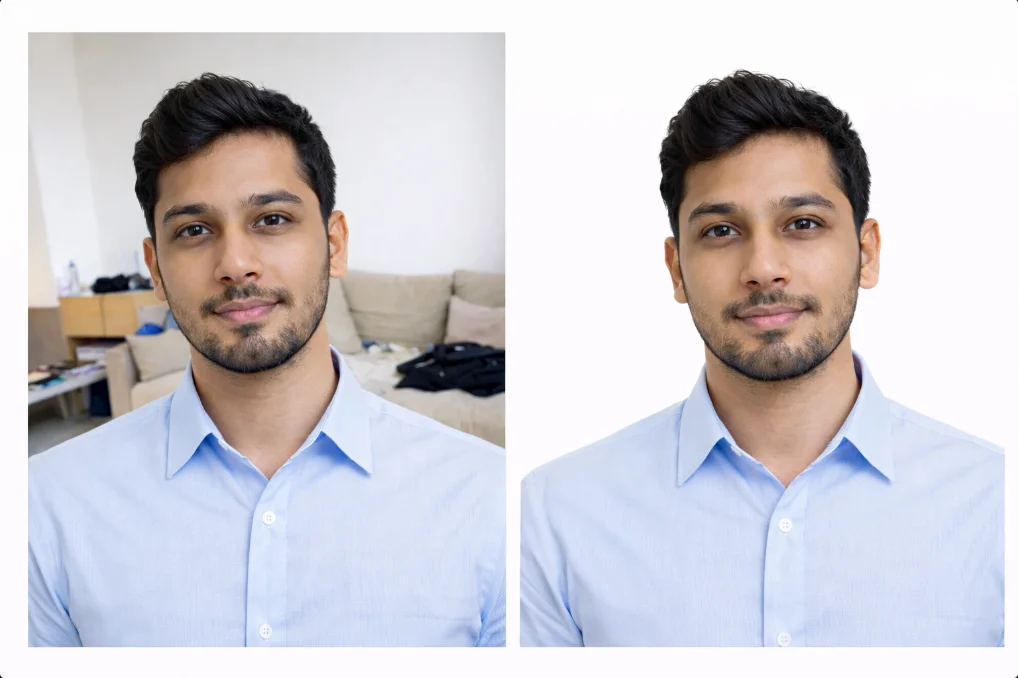 Passport photo before and after - automatic background removal and cropping