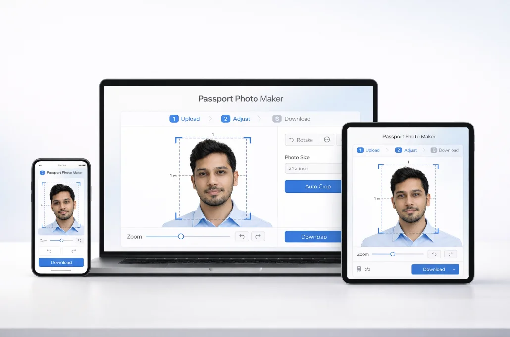 Passport photo maker works on phone, tablet and desktop - no app needed